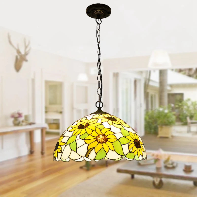 lustre en verre tiffany avec tournesols pour éclairage tendance - vue 5 sur 6