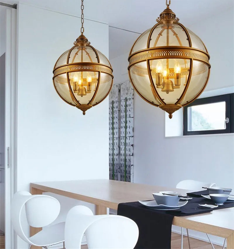 suspension vintage globe en fer forgé avec abat-jour en verre - vue 5 sur 8
