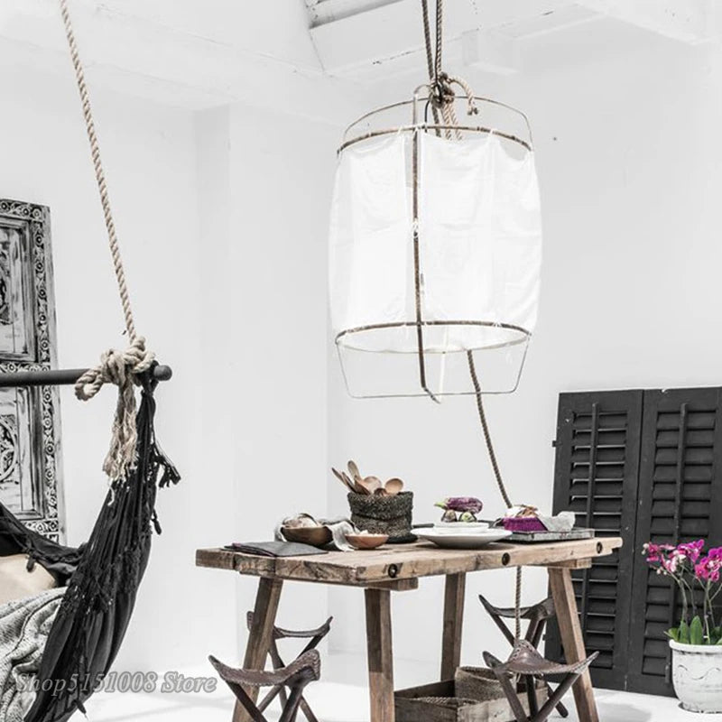lampes suspendues créatives en bambou et lin nordique - vue 3 sur 6
