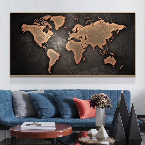 carte du monde vintage peinture sur toile art mural décoratif