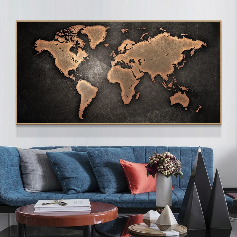 carte du monde vintage peinture sur toile art mural décoratif - vue 4 sur 15
