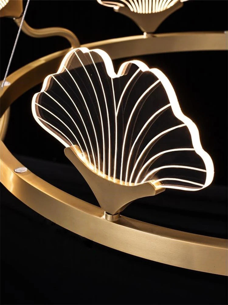 lustre en cuivre simple avec feuilles design led style chinois - vue 5 sur 9