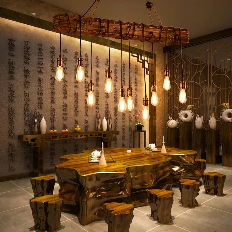 lustre vintage loft en bois avec suspension LED - vue 7 sur 28