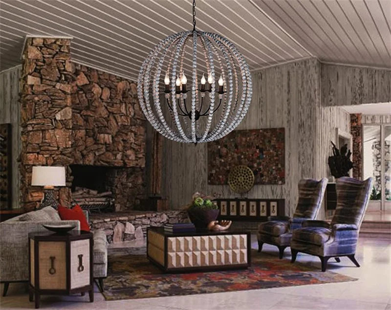 lustre rond en perles de bois style rétro rustique en fer blanc - vue 7 sur 11