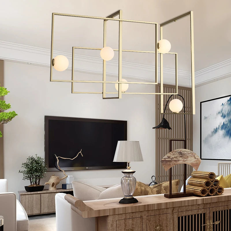 lustre led moderne design innovant cadre doré boule verre - vue 5 sur 8