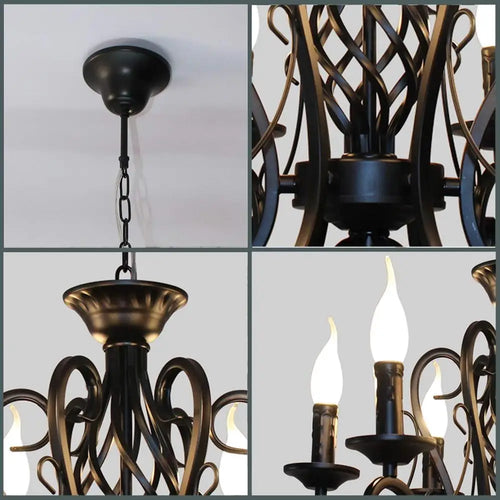 lustre vintage en fer forgé avec bougies en métal - vue 6 sur 6