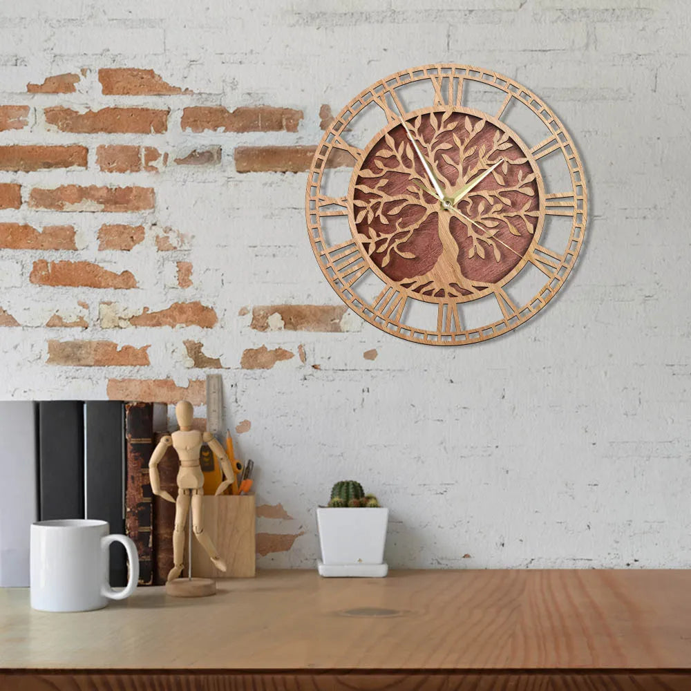horloge murale en bois arbre de vie style ferme décorative et silencieuse - vue 7 sur 7