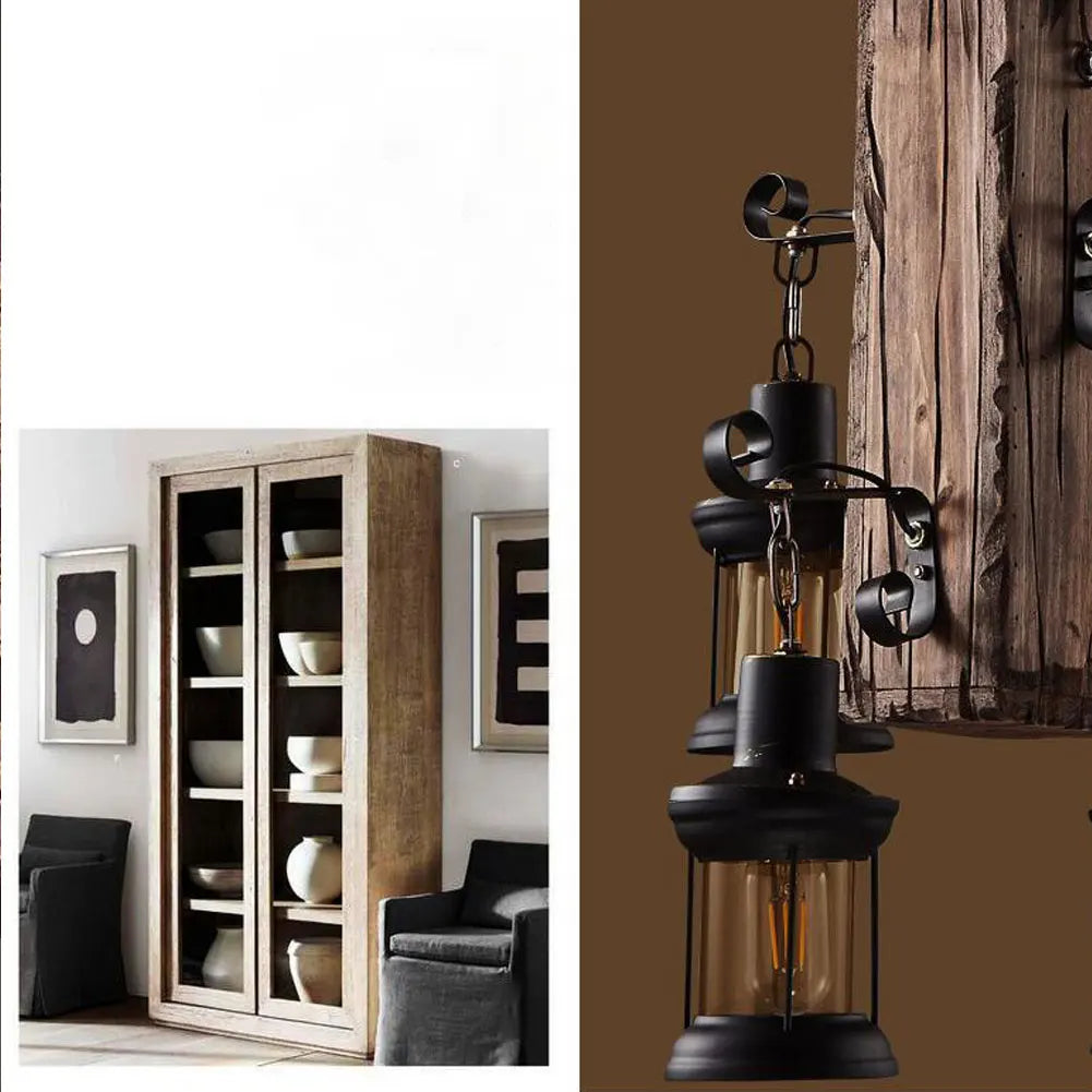 lustre vintage oukaning 4 lumières en bois suspendu industriel - vue 5 sur 6