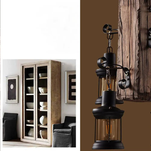 lustre vintage oukaning 4 lumières en bois suspendu industriel - vue 5 sur 6