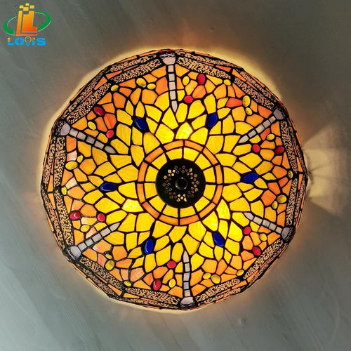 16Inch Dragonfly Ceiling Light Tiffany Style Glass Lamp European Retro Decorative Lighting Bedroom Balcony Bar LED Lighting E27 - vue 4 sur 6