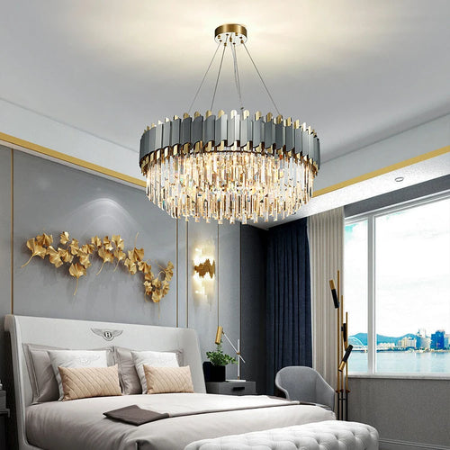 lustre art déco en acier inoxydable et cristal élégant et moderne - vue 2 sur 15