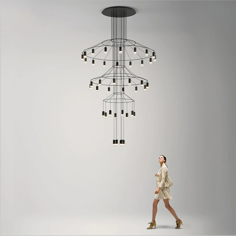 Postmoderne Long lustre noir Design Led Wireflow lustres salle à manger hall Loft maison décorer escalier lumière rustique