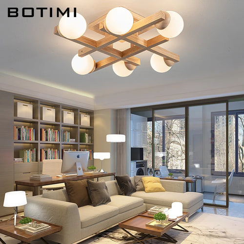Plafonniers en bois avec abat-jour en verre pour salon moderne monté en Surface Lustres en bois carrés chambre à coucher Luminaire
