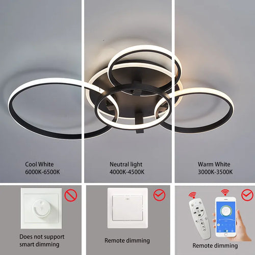 Lustre Led moderne anneau Led plafonniers salon chambre lumières plafond noir/blanc 1-5 anneau d'éclairage APP/lustre à distance - vue 7 sur 16