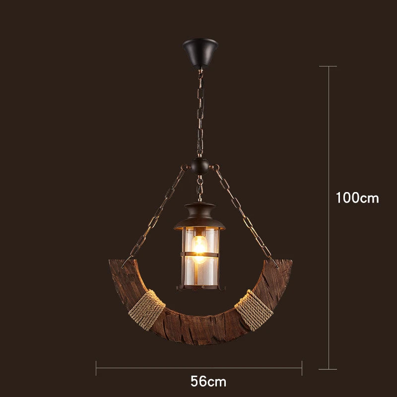 lustre vintage loft en bois avec suspension LED - vue 9 sur 28
