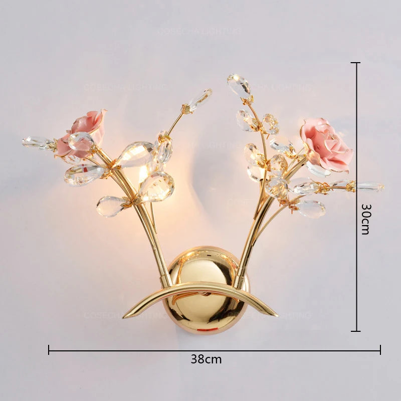 applique murale dorée en cristal et céramique à fleurs de luxe
