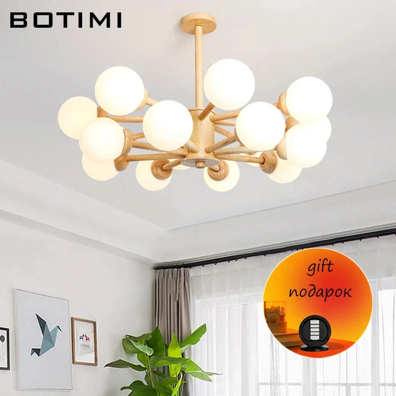 lustre en bois led verre para sala jantar hall lampe - vue 4 sur 14
