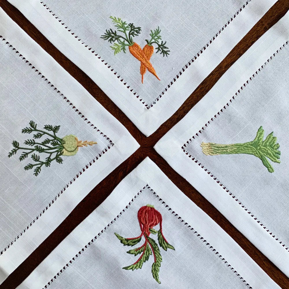 Serviette de table lin coton brodée légumes ajourée - vue 4 sur 6