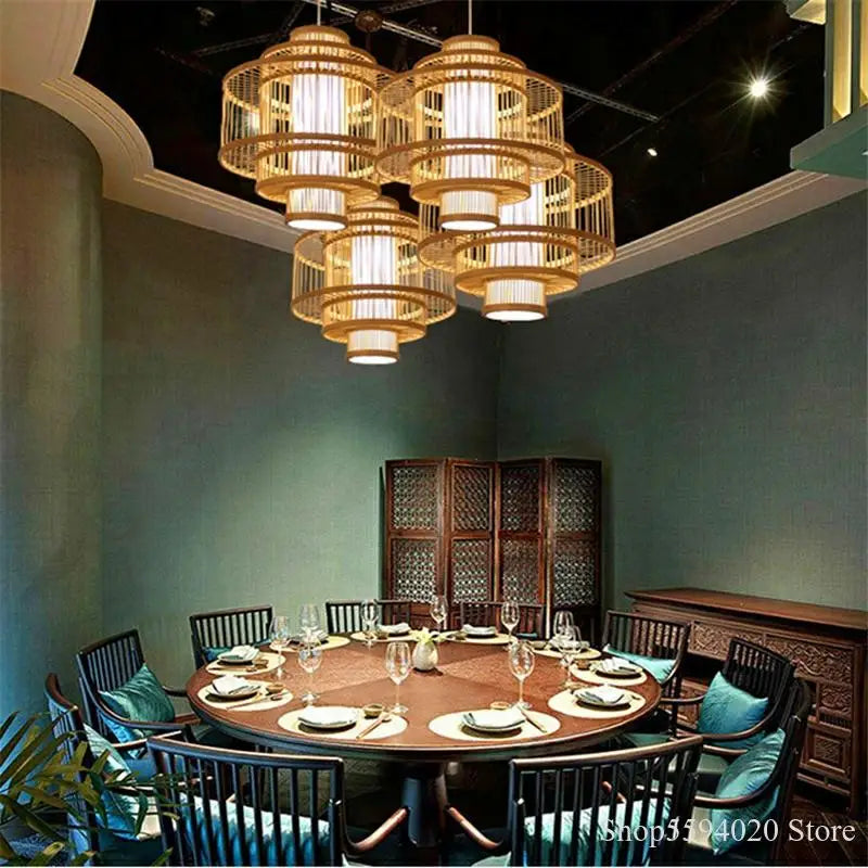 suspension en bois chinois design lumineux pour restaurant japonais - vue 10 sur 14