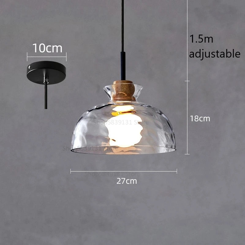 suspension led en verre grain d'eau et bois nordique rétro - vue 10 sur 11
