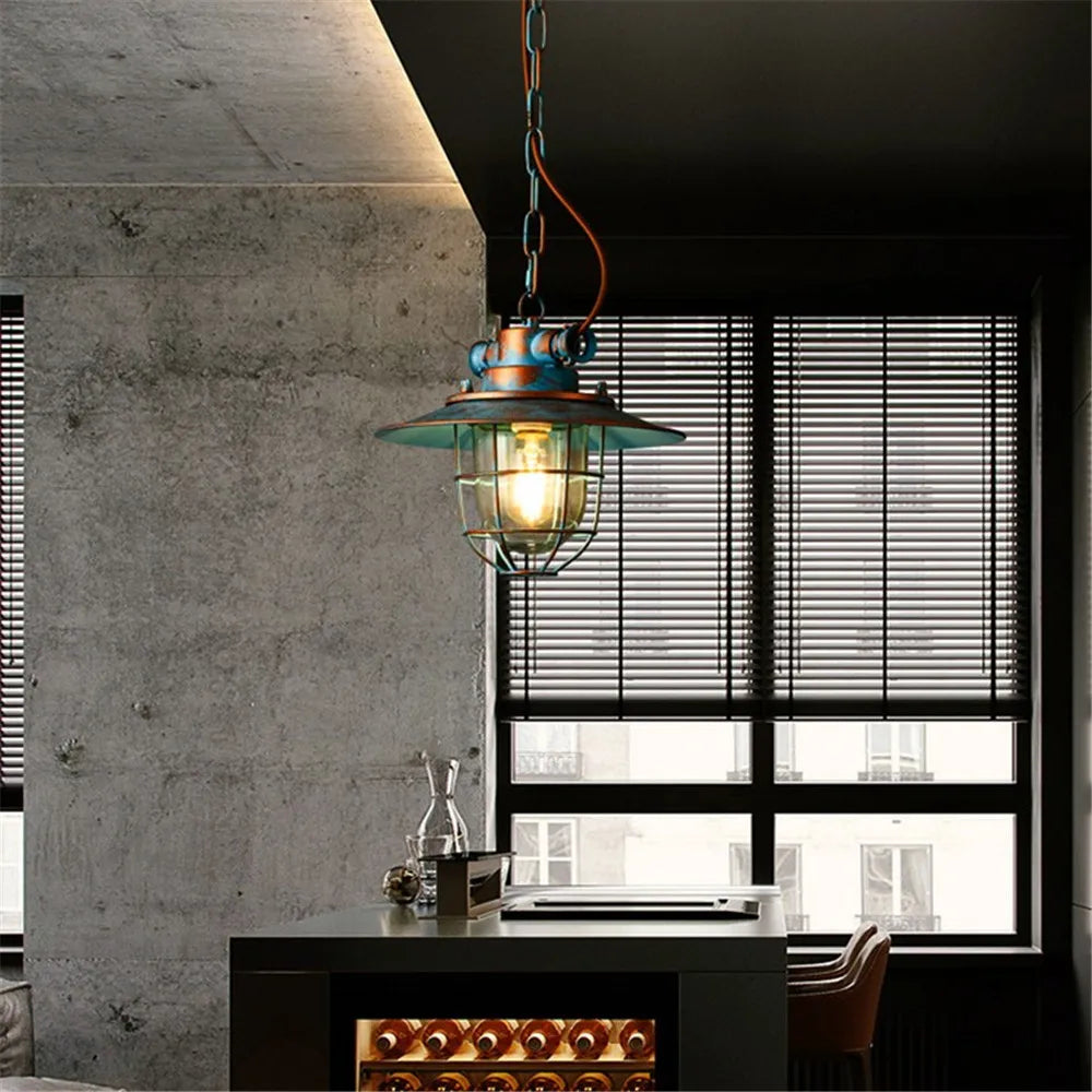 Suspension rustique led fer verre rétro industriel - vue 6 sur 8