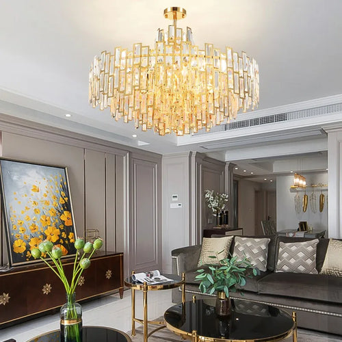 lustre design led moderne en cristal argenté et doré suspendu - vue 2 sur 13