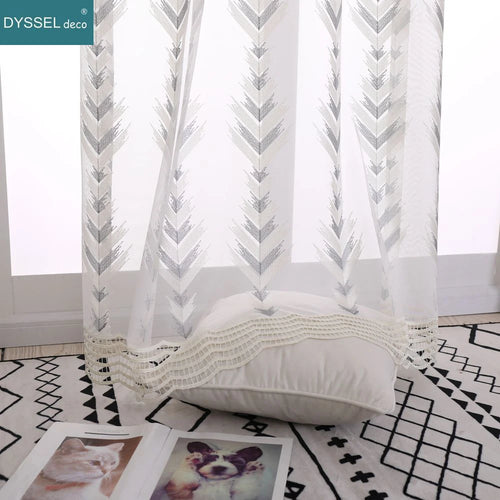 Voilage tulle brodé fleurs festonné style européen - vue 3 sur 8