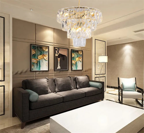 lustre rond en acier doré avec éclairage led en cristal - vue 7 sur 8
