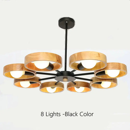 Lampe de lustre en bois nordique pour salon chambre salle à manger décor abat-jour en bois rond noir E27 Suspension - vue 13 sur 12