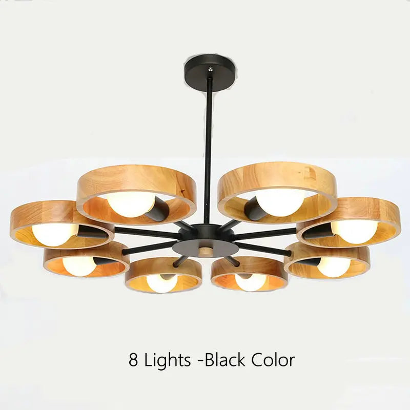 Lampe de lustre en bois nordique pour salon chambre salle à manger décor abat-jour en bois rond noir E27 Suspension - vue 12 sur 12