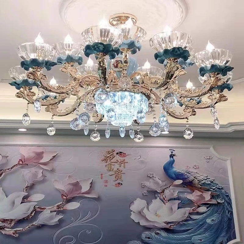 lustre en cristal moderne avec éclairage suspendu en métal - vue 5 sur 13