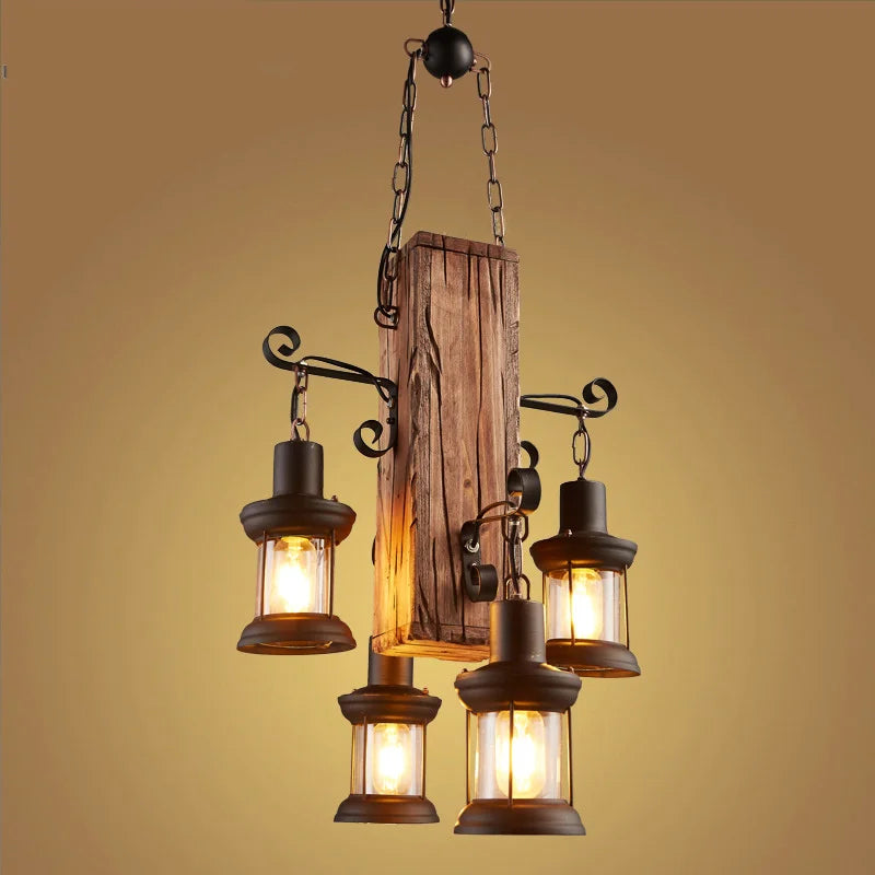 Suspension industrielle en bois avec luminaire en verre