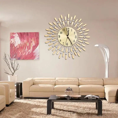 horloge murale 3d grande taille style soleil avec strass brillants - vue 2 sur 7