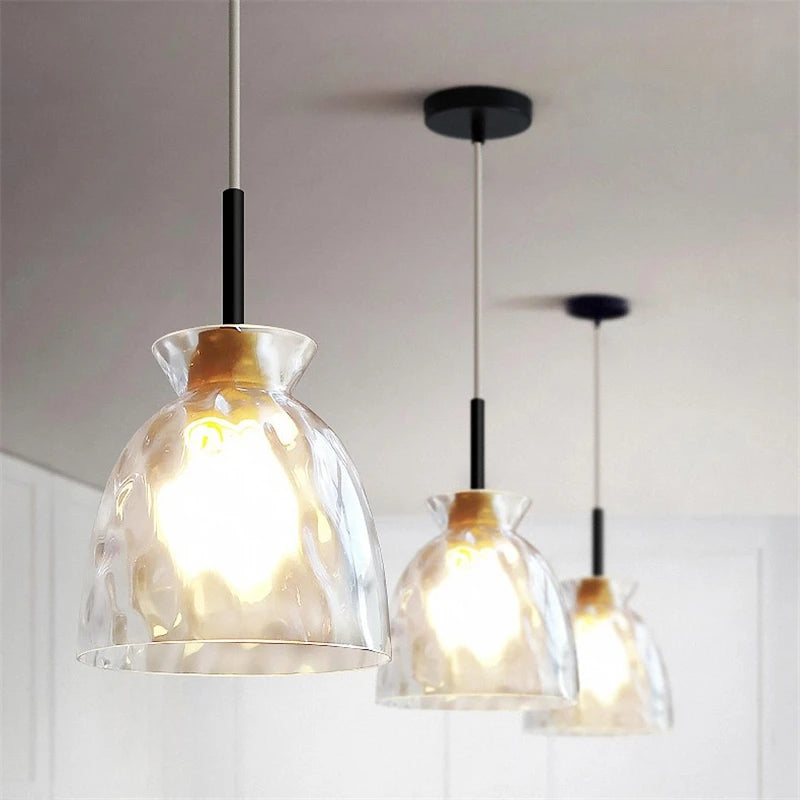 suspension led en verre grain d'eau et bois nordique rétro