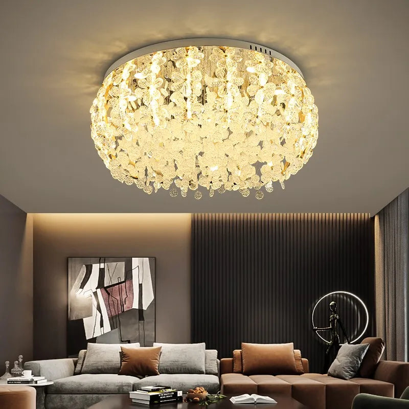plafonnier rond doré de luxe en cristal design nordique moderne - vue 2 sur 8