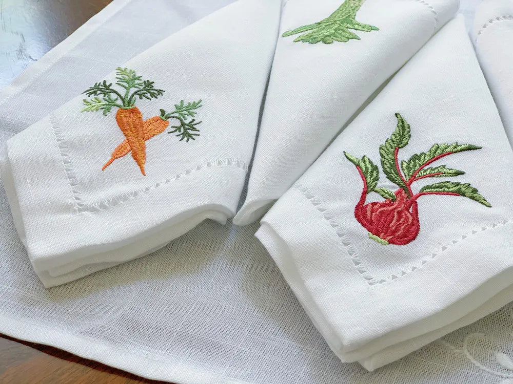 Serviette de table lin coton brodée légumes ajourée - vue 6 sur 6