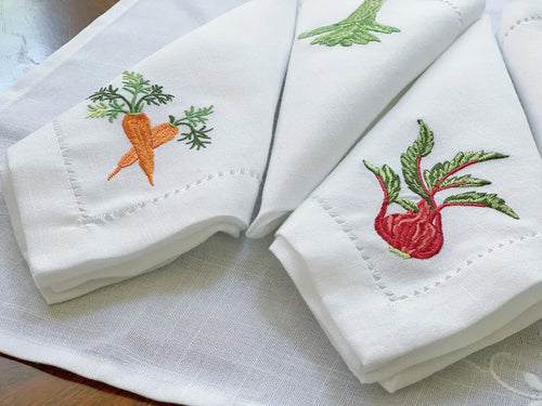 Serviette de table lin coton brodée légumes ajourée