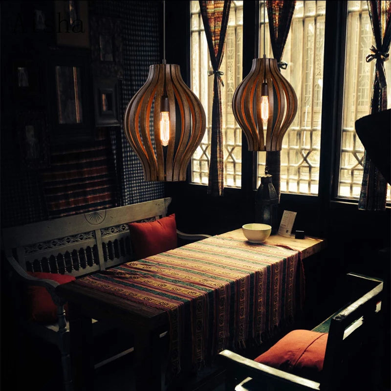 lustre rétro en bois style asiatique pour décoration intérieure - vue 3 sur 7
