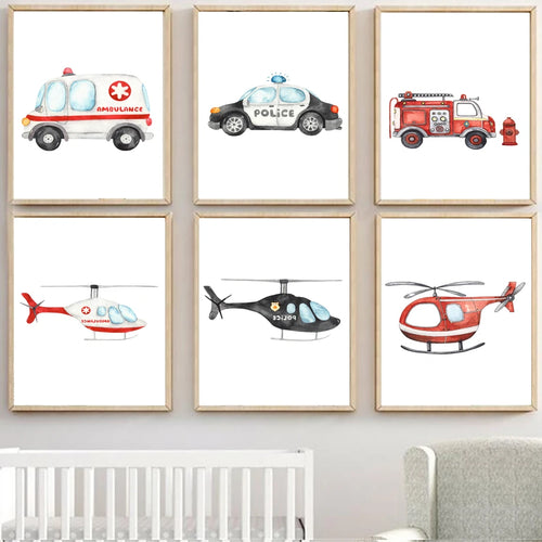 décoration murale camion de pompiers ambulance et avion pour enfants - vue 2 sur 5