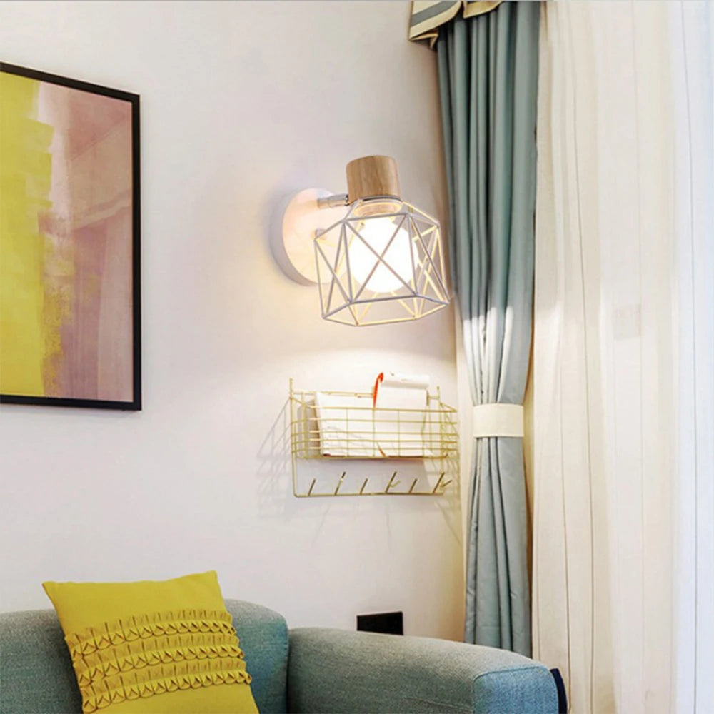 applique murale led moderne en bois avec cage en fer - vue 5 sur 9