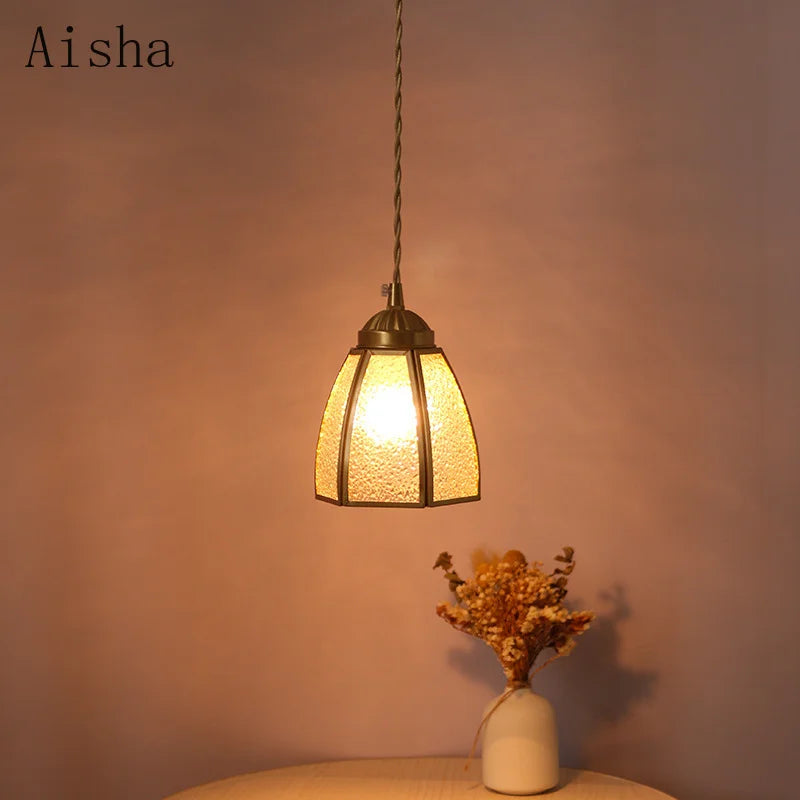 suspension vintage en verre japonais et cuivre design nordique - vue 5 sur 10