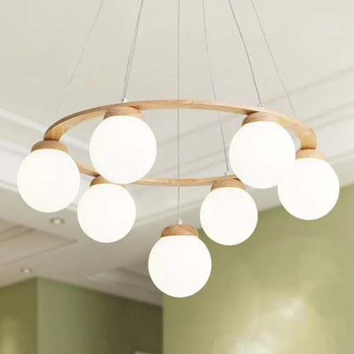 suspension nordique moderne en bois et verre blanc - vue 2 sur 15