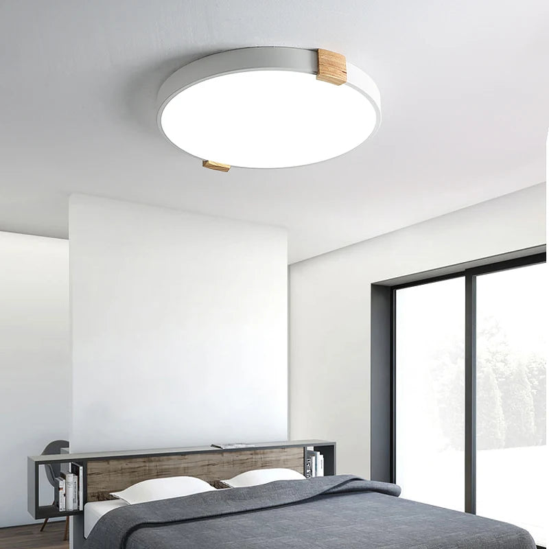 plafonnier led rond nordique en fer et bois décoratif créatif - vue 3 sur 10