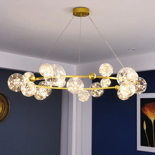 lustre moderne de luxe avec anneaux led et boule de verre - vue 2 sur 10