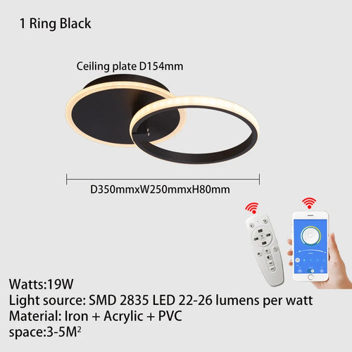 Lustre Led moderne anneau Led plafonniers salon chambre lumières plafond noir/blanc 1-5 anneau d'éclairage APP/lustre à distance - vue 9 sur 16