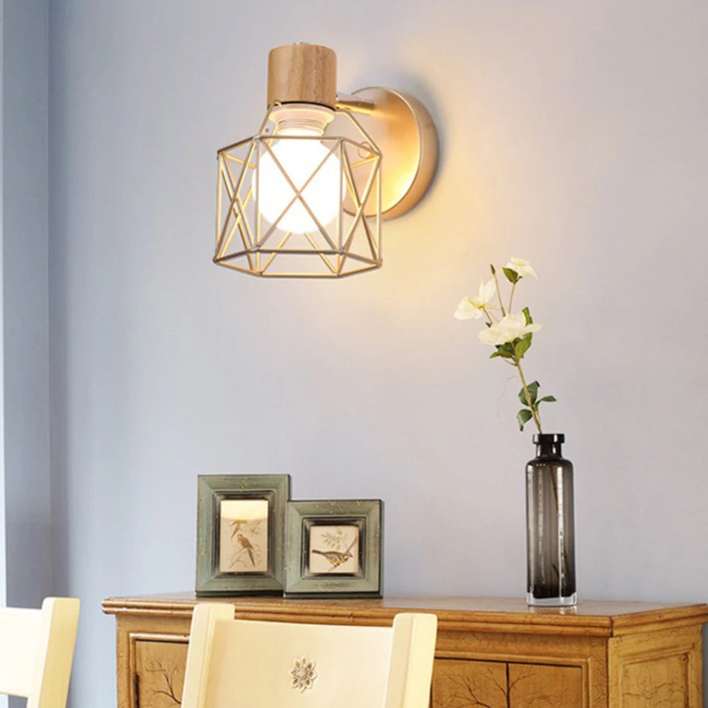 applique murale led moderne en bois avec cage en fer - vue 3 sur 9