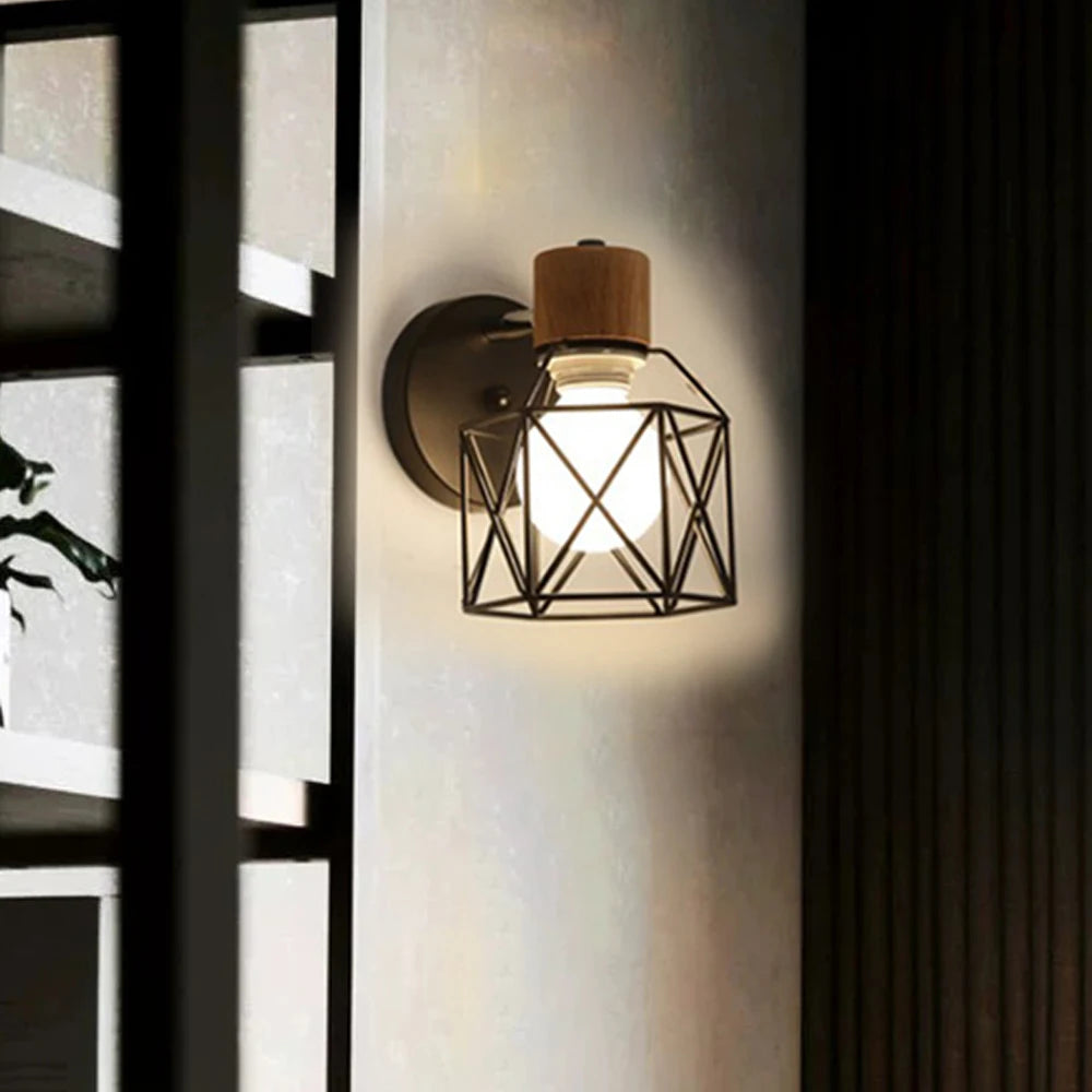 applique murale led moderne en bois avec cage en fer