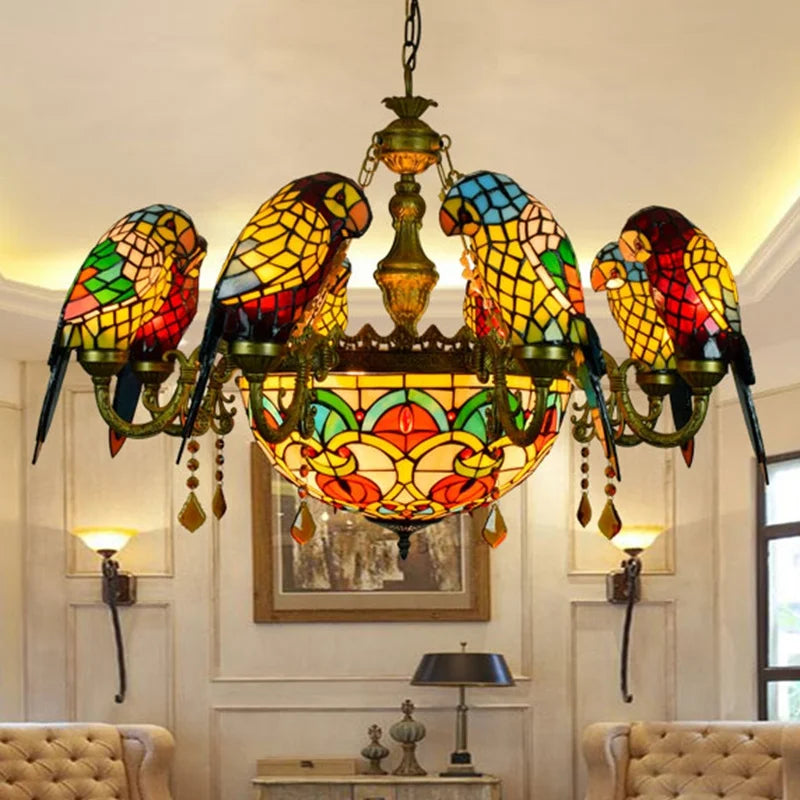 lustre tiffany vitrail lumineux oiseau perroquet design élégant intérieur - vue 5 sur 14