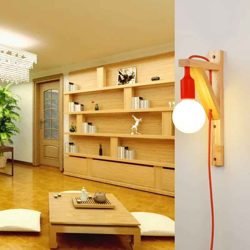 applique murale en bois massif créatif avec câble simple