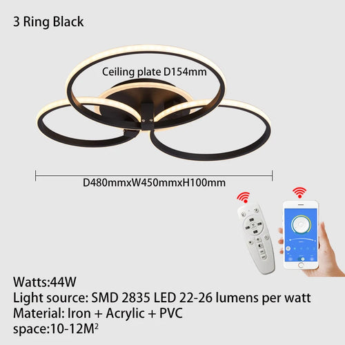 Lustre Led moderne anneau Led plafonniers salon chambre lumières plafond noir/blanc 1-5 anneau d'éclairage APP/lustre à distance - vue 13 sur 16